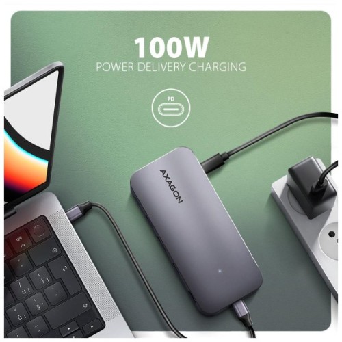 Концентратор AXAGON USB-C 12-in-1 HDMI + DisplayPort + RJ45 1000Mbps + PD100W aluminum gray (HMC-12GM2)