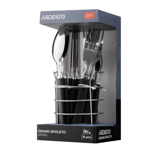 Набір столових приборів Ardesto Gemini Spoleto, 16 приборів, нержавіюча сталь, пластик, чорний (AR1916S)