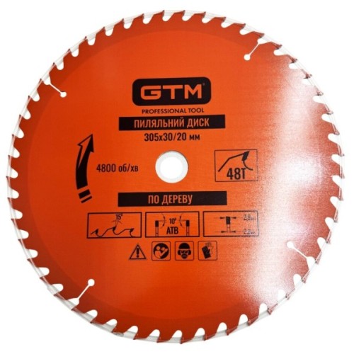Диск пильний GTM 305×30мм, 48 зубів, по дереву (SBW-30548)