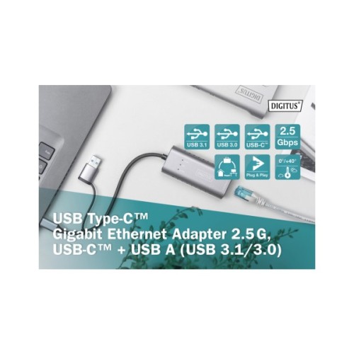Перехідник USB-C + USB 3.0 to RJ45 2500Mbps Ethernet Digitus (DN-3028)
