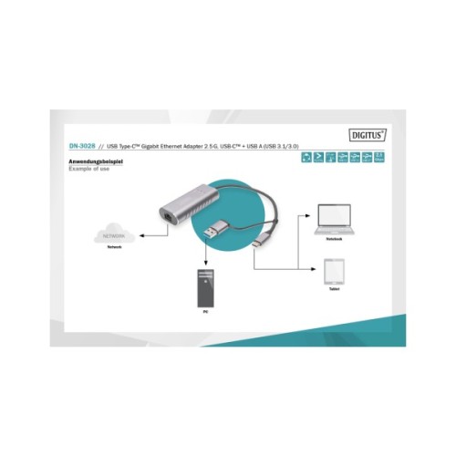 Перехідник USB-C + USB 3.0 to RJ45 2500Mbps Ethernet Digitus (DN-3028)
