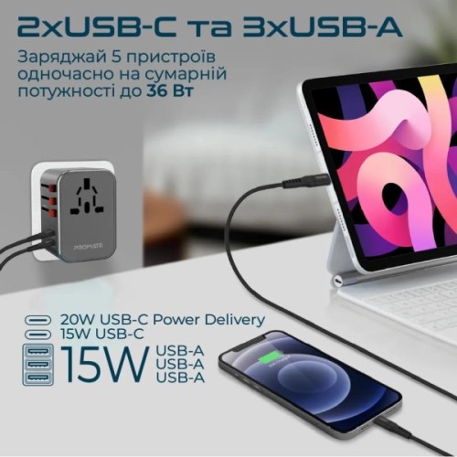 Зарядний пристрій Promate tripmate-36w.black