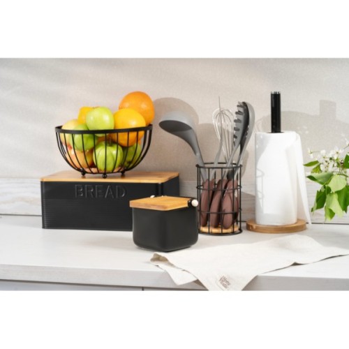 Підставка для кухонного приладдя Ardesto Midori 11х11х17см, метал, бамбук, чорний (AR0905B)