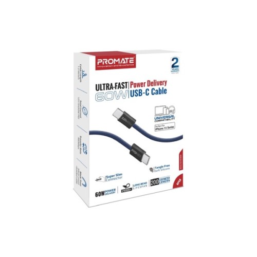 Дата кабель USB-C to USB-C 2.0m Promate (ecoline-cc200.navy)