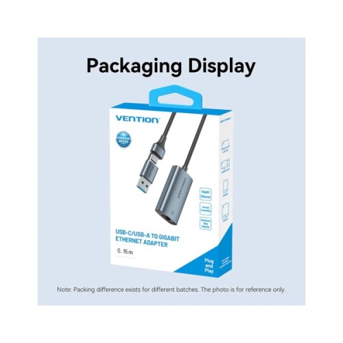 Перехідник USB-C + USB A to RJ45 Ethernet 1000Mbps 0.15m aluminum gray Vention (CFQHB)