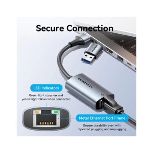 Перехідник USB-C + USB A to RJ45 Ethernet 1000Mbps 0.15m aluminum gray Vention (CFQHB)