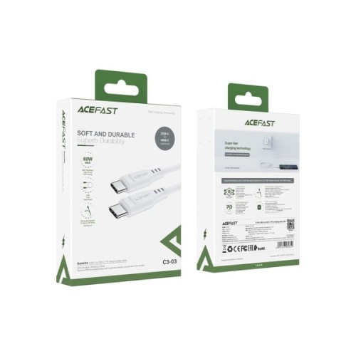 Дата кабель USB-C to USB-C 1.2m 3A TPE C3-03 White Acefast (6974316280859)