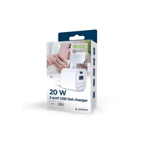 Зарядний пристрій Gembird 1xUSB-C PD20W + 1xUSB QC3.0 white (TA-UC-PDQC20-W-01)