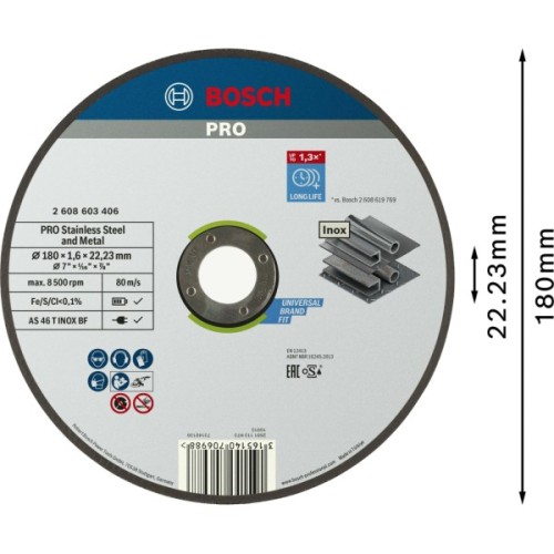 Круг відрізний Bosch Professional, для нержавіючої сталі та металу, 180×1.6×22.23 mm (2.608.603.406)