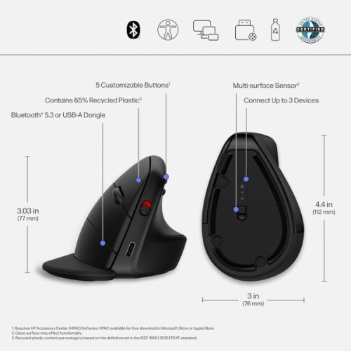 Мишка HP 920 Ergonomic Vertical Wireless/Bluetooth Black (6H1A4AA)