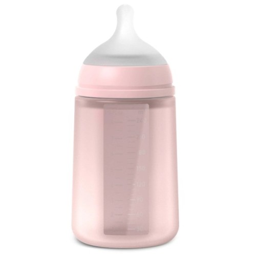 Пляшечка для годування Suavinex Colour Essence, 240 мл, силіконова, 240 мл, фізіологічна соска повільний потік, , світло-рожева (308654)
