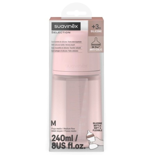 Пляшечка для годування Suavinex Colour Essence, 240 мл, силіконова, 240 мл, фізіологічна соска повільний потік, , світло-рожева (308654)