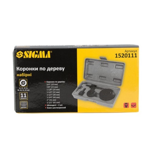 Коронка Sigma по дереву набірна Ø19, 22, 29, 32, 38, 44, 51, 65 мм (кейс) (1520111)