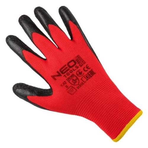 Захисні рукавиці Neo Tools комплект 12шт, поліестер з латексним покриттям, р.10, червоно-чорний (97-645-10)