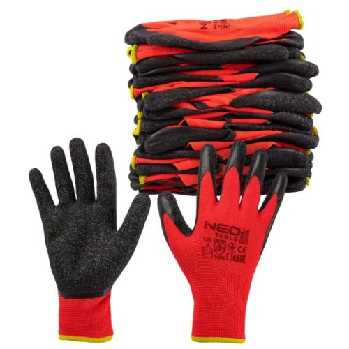 Захисні рукавиці Neo Tools комплект 12шт, поліестер з латексним покриттям, р.10, червоно-чорний (97-645-10)