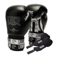 Боксерські рукавички Leone GN208 Iconic Black 16 унцій (бинти в комплекті) (GN208_Black_16oz)