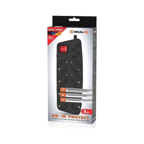 Мережевий фільтр живлення REAL-EL REAL-EL RS-10 Protect, 3m, black (EL122300039)