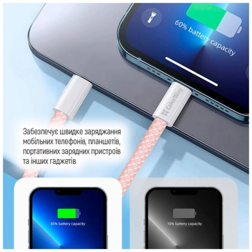 Дата кабель USB-C to Lightning 1.0m 27W pink ColorWay (CW-CBPDCL061-P)