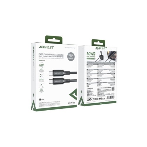 Дата кабель USB-C to USB-C 1.2m 3A 60W silicone black Acefast (6974316284161)