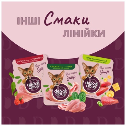 Вологий корм для кішок Delickcious Суп з сардини з креветками та додаванням гарбуза 80 г (4820269141568)