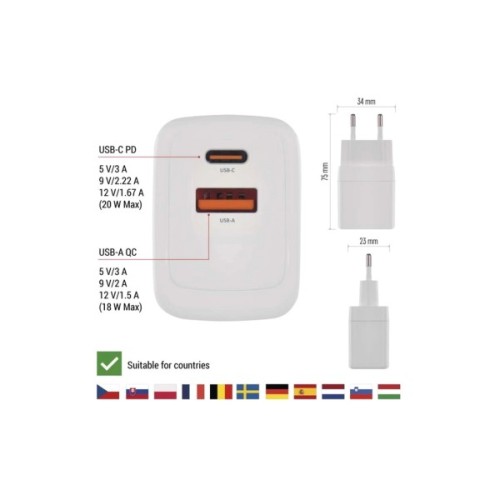 Зарядний пристрій EMOS V02G20 1xUSB-A + 1xUSB-C PD20W GaN (V02G20)
