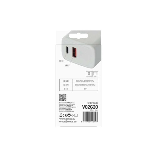 Зарядний пристрій EMOS V02G20 1xUSB-A + 1xUSB-C PD20W GaN (V02G20)