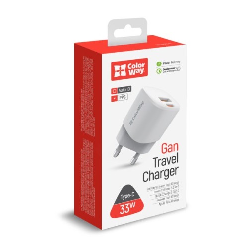 Зарядний пристрій ColorWay GaN PD Port USB PPS (Type-C PD + USB QC3.0) (33W) white (CW-CHS043PD-WT)