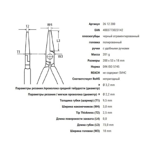 Плоскогубці KNIPEX круглогубці з ріжучими крайками 26 12 200 (26 12 200)
