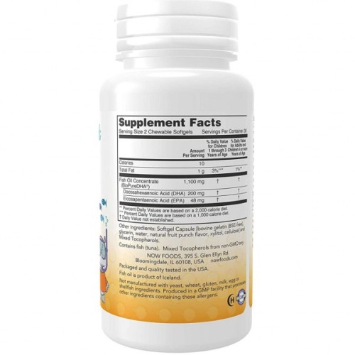 Жирні кислоти Now Foods Риб'ячий Жир для Дітей, 100 мг, смак фруктів, Kid's DHA, 60 (NOW-01607)
