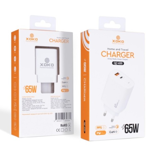 Зарядний пристрій XoKo 1xUSB-C PD65W + 1xUSB QC3.0 GaN white (XK-QC-620)