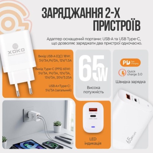 Зарядний пристрій XoKo 1xUSB-C PD65W + 1xUSB QC3.0 GaN white (XK-QC-620)