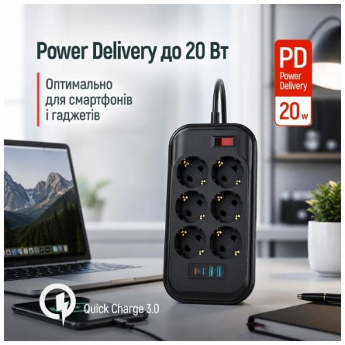 Мережевий фільтр живлення ColorWay CW-CHE64PDB 6 роз, 4USB (CW-CHE64PDB)