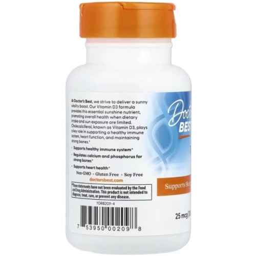 Вітамінно-мінеральний комплекс Doctor's Best Вітамін D3, 25 мкг (1000 МО), Vitamin D3, 180 желатинових капсул (DRB00209)