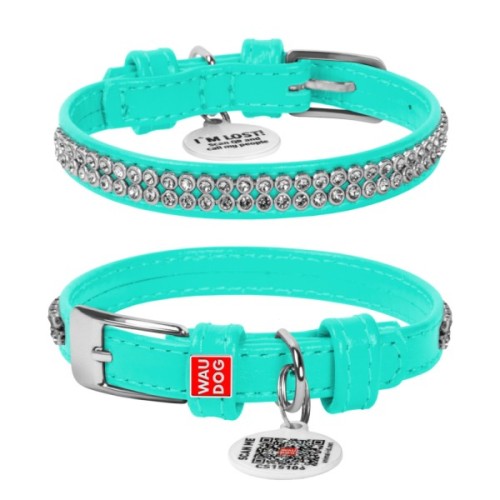 Нашийник для тварин WAUDOG Glamour з QR-паспортом "Стрази" XS Ш 9 мм Д 19-25 см ментоловий (330713)