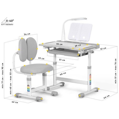 Парта зі стільцем Evo-kids (стол+стул+полка+лампа) Gray (BD-20 G)