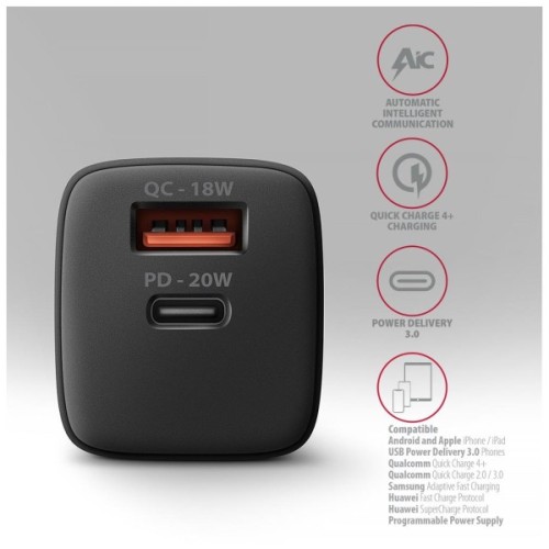 Зарядний пристрій AXAGON 1xUSB QC3.0 + 1xUSB-C PD20W black (ACU-PQ20)