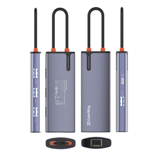 Порт-реплікатор ColorWay Docking Station USB-C 6-в-1 Type C PD 100W/USB3.0х3/USB2.0/RJ45 (CW-HUB03)