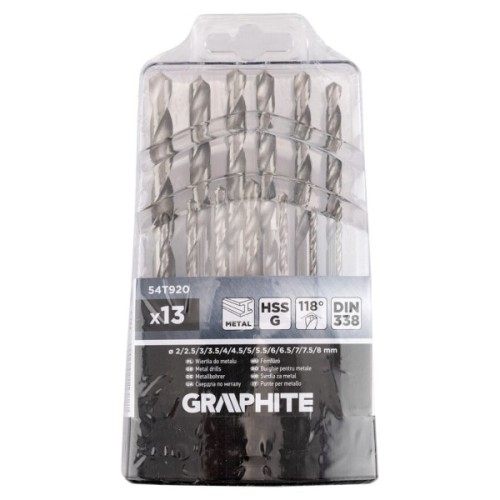 Набір свердл Graphite по металу, HSS-G, 2–8мм, кейс, 13шт (54T920)