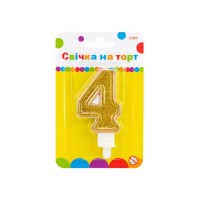 Свічка Maxi золотиста двостороння з блискітками "4", 7,62 см, на торт (MX622083-4)