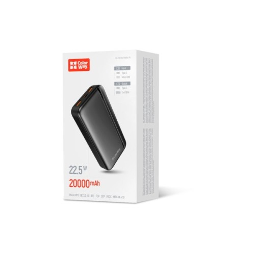 Батарея універсальна ColorWay 20 000 mAh Portable Charger (USB/QC3.0 + USB-C/PD/22.5W) Black (CW-PB200LPB4BK-PD)