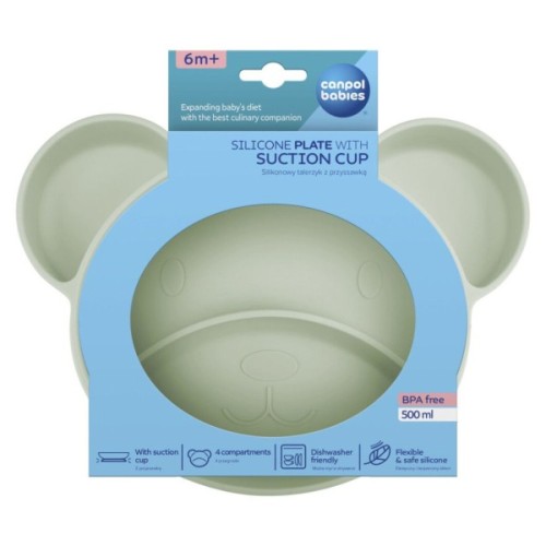Тарілка дитяча Canpol babies Ведмедик силіконова на присосці з трьома відділами, зелена (51/401_gre)