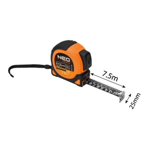 Рулетка Neo Tools Super Black, 7.5мx25мм, з фіксатором змотування, магніт (67-244)