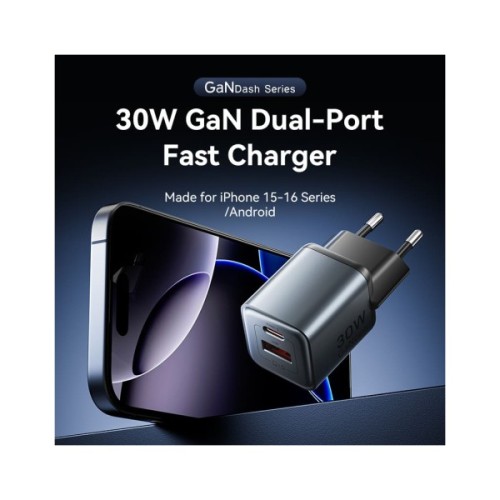 Зарядний пристрій Vention 1xUSB-C PD30W + 1xUSB QC3.0 18W GaN gray (FEWH0-EU)