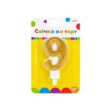 Свічка Maxi золотиста двостороння з блискітками "9", 7,62 см, на торт (MX622083-9)