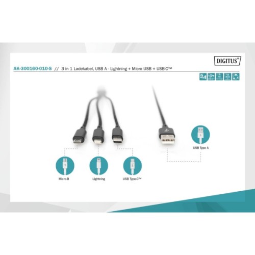 Дата кабель USB 2.0 AM to Lightning + Micro 5P + USB-C 1.0m charge only Digitus (AK-300160-010-S)