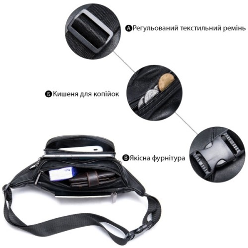Сумка Vintage Поясна з овечої шкіри Чорна (20205)