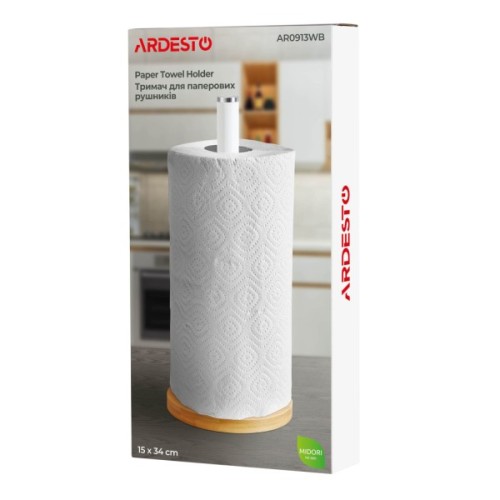 Тримач паперових рушників Ardesto Midori 15х34см, метал, бамбук, білий (AR0913WB)