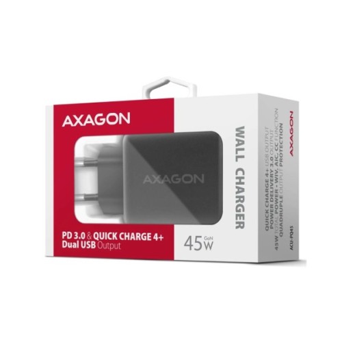 Зарядний пристрій AXAGON 1xUSB QC4.0 + 1xUSB-C PD45W PPS black (ACU-PQ45)