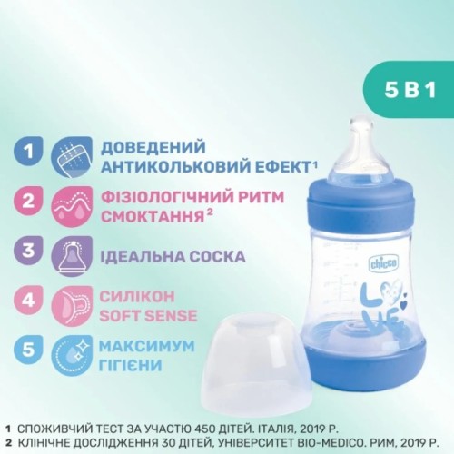 Пляшечка для годування Chicco Perfect 5 Love із силіконовою соскою 0+ міс. 150 мл Блакитна (20211.21.40)