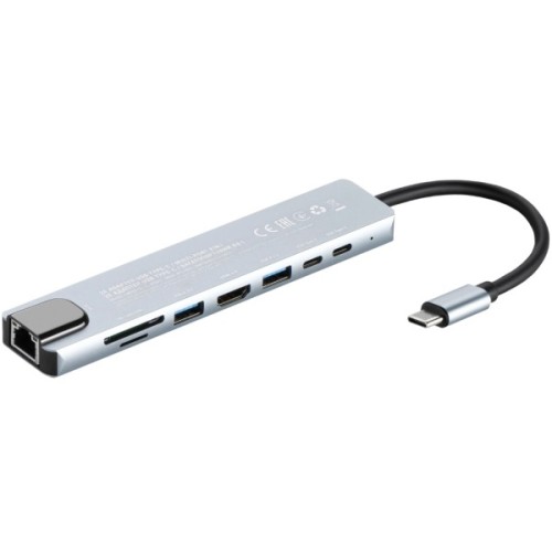 Концентратор 2E USB-C 8-in-1 1xUSB 2.0 + 1xUSB 3.0 + 2xUSB-C PD + HDMI + microSD/SD + 1xRJ45 0.13m gray (2E-W2681)